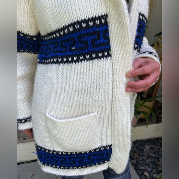 Handmade knitted cotton/acrylic blend cardigan, front pockets, belt closure,S/M - Picture 5 of 9